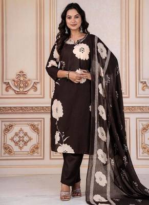 Brown Cotton cambric  printed straight  kurti-pant-dupatta  set 1