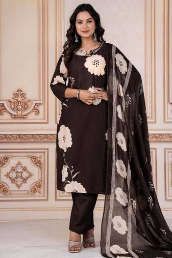 Brown Cotton cambric  printed straight  kurti-pant-dupatta  set