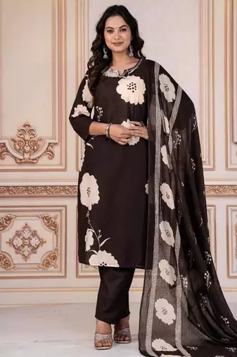 Brown Cotton cambric  printed straight  kurti-pant-dupatta  set