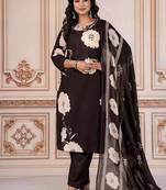 Brown Cotton cambric  printed straight  kurti-pant-dupatta  set