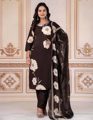 Brown Cotton cambric  printed straight  kurti-pant-dupatta  set 2