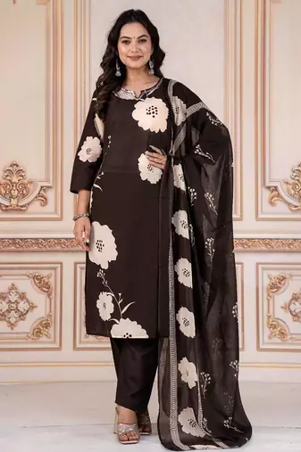 Brown Cotton cambric  printed straight  kurti-pant-dupatta  set