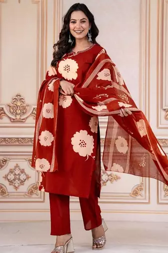 maroon cotton printed kurta set
