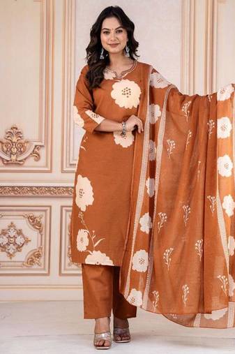 Orange cotton printed kurta set