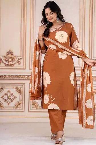 Orange cotton printed kurta set