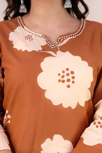 Orange cotton printed kurta set