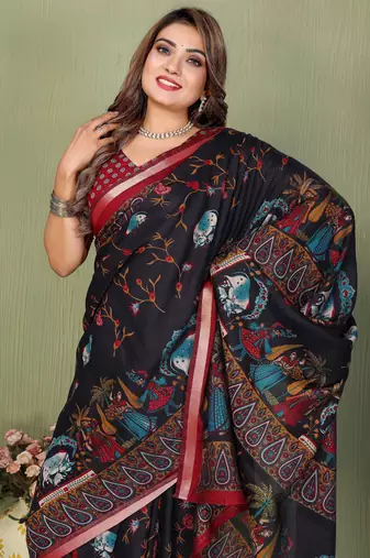 black color kalamkari print cotton saree 