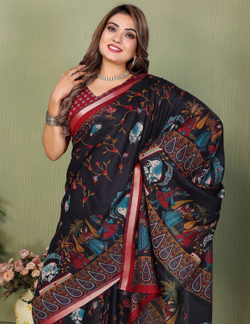 black color kalamkari print cotton saree 