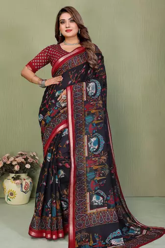 black color kalamkari print cotton saree 
