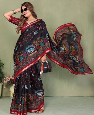 black color kalamkari print cotton saree  3