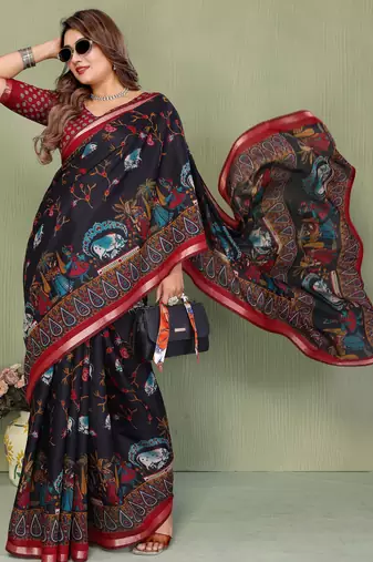 black color kalamkari print cotton saree 