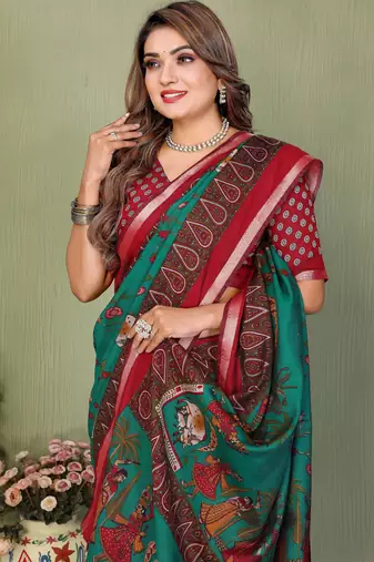 Green Color Kalamkari Print Cotton Saree 