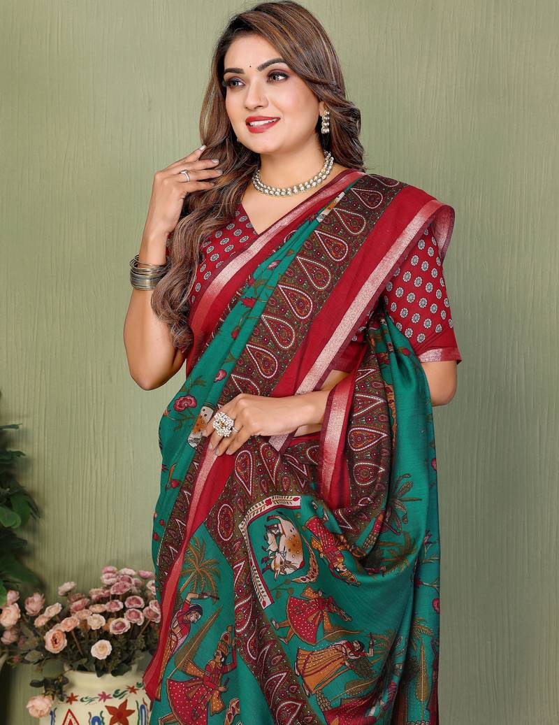 Green Color Kalamkari Print Cotton Saree 
