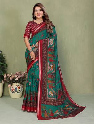Green Color Kalamkari Print Cotton Saree  2
