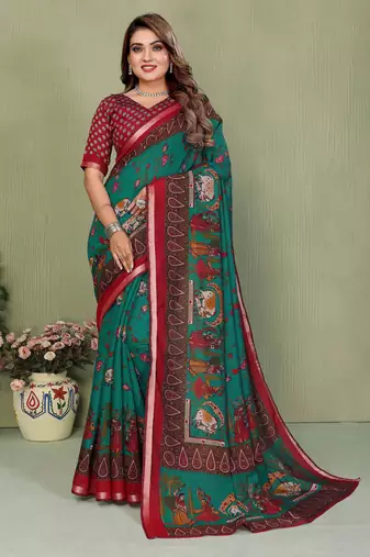 Green Color Kalamkari Print Cotton Saree 