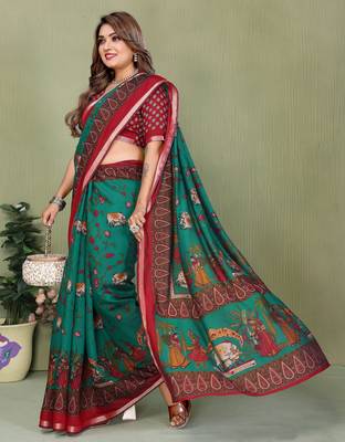 Green Color Kalamkari Print Cotton Saree  3