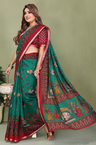 Green Color Kalamkari Print Cotton Saree 