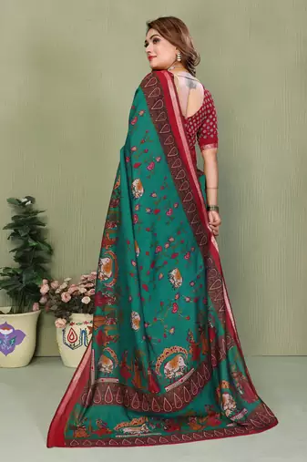 Green Color Kalamkari Print Cotton Saree 