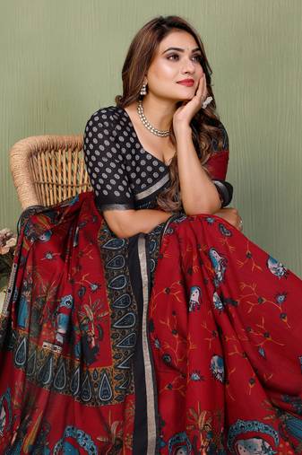 Maroon Color Kalamkari Print Cotton Saree 