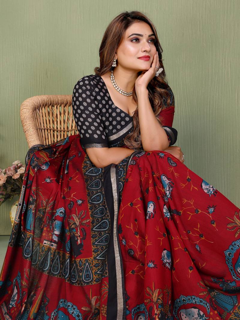 Maroon Color Kalamkari Print Cotton Saree 