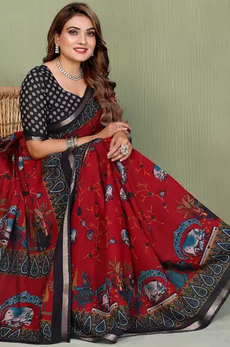 Maroon Color Kalamkari Print Cotton Saree 