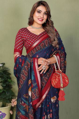 Navy Blue Color Kalamkari Print Cotton Saree 