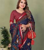 Navy Blue Color Kalamkari Print Cotton Saree 