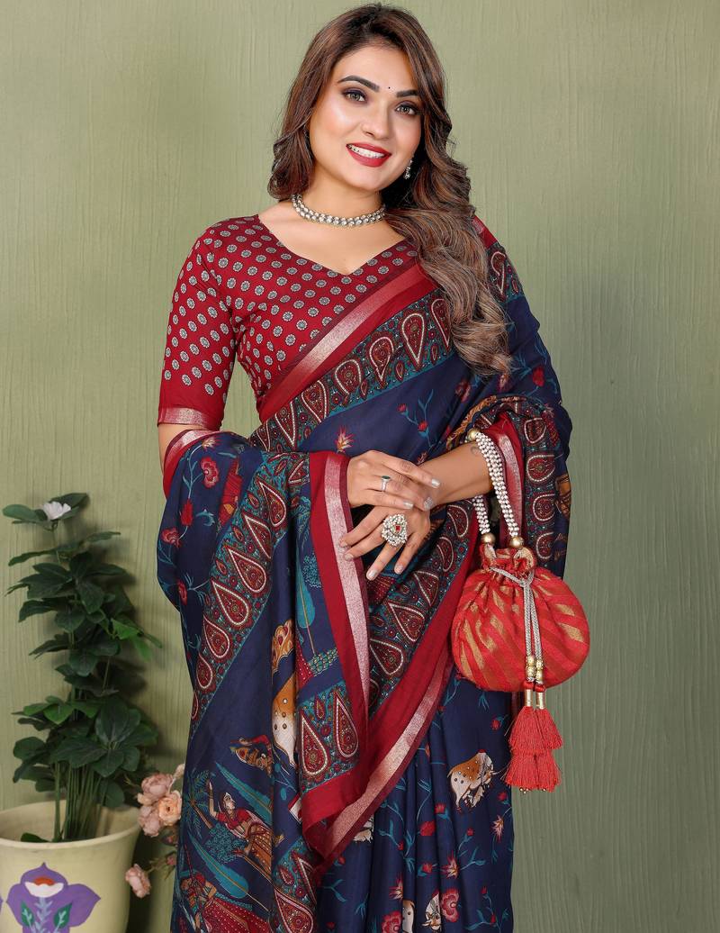 Navy Blue Color Kalamkari Print Cotton Saree 