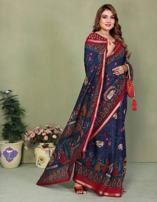 Navy Blue Color Kalamkari Print Cotton Saree  3