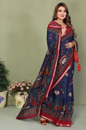Navy Blue Color Kalamkari Print Cotton Saree 