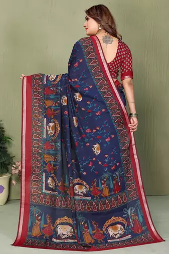 Navy Blue Color Kalamkari Print Cotton Saree 