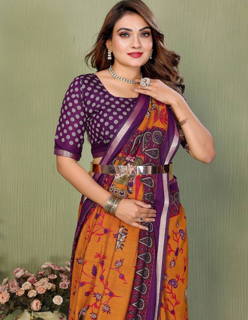 Orange Color Kalamkari Print Cotton Saree 