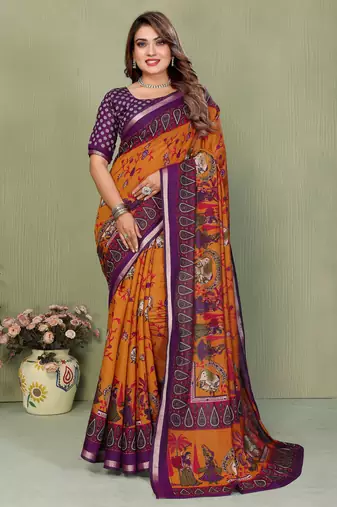Orange Color Kalamkari Print Cotton Saree 