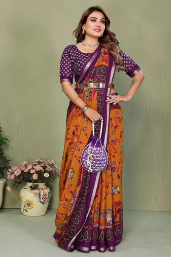 Orange Color Kalamkari Print Cotton Saree 