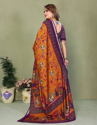 Orange Color Kalamkari Print Cotton Saree  4