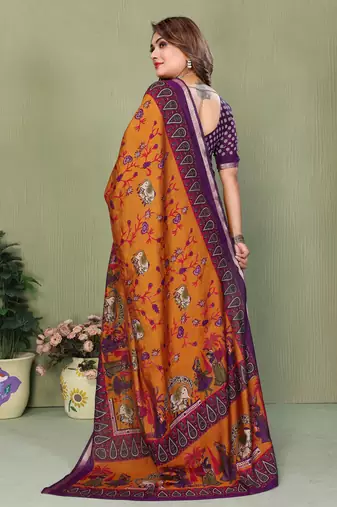 Orange Color Kalamkari Print Cotton Saree 