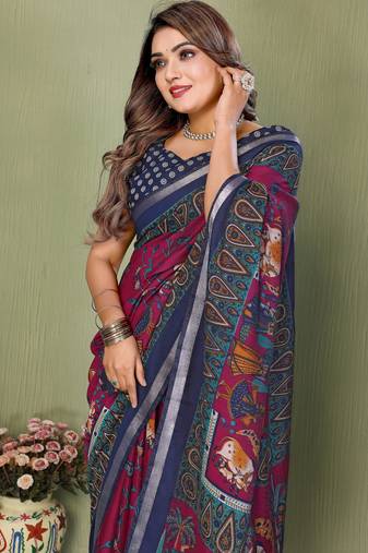 Plum Color Kalamkari Print Cotton Saree 