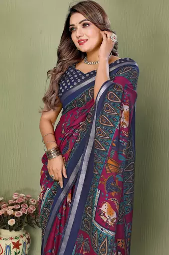 Plum Color Kalamkari Print Cotton Saree 