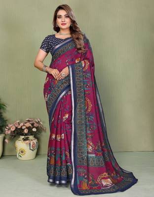 Plum Color Kalamkari Print Cotton Saree  2