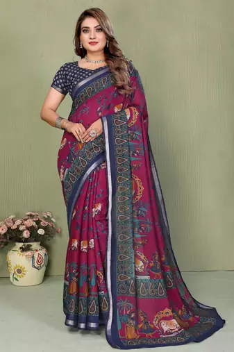 Plum Color Kalamkari Print Cotton Saree 