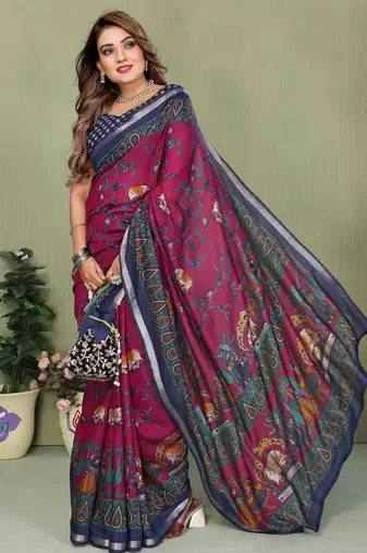 Plum Color Kalamkari Print Cotton Saree 