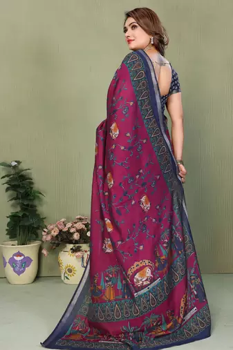 Plum Color Kalamkari Print Cotton Saree 