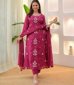 Women ethnic motifs embroidered regular thread work kurta with trousers & with dupatta