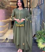 Women ethnic motifs embroidered regular thread work kurta with trousers & with dupatta