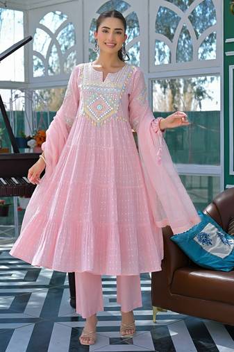 Women ethnic motifs embroidered tiered mirror work kurta with trousers & with dupatta