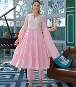 Women ethnic motifs embroidered tiered mirror work kurta with trousers & with dupatta