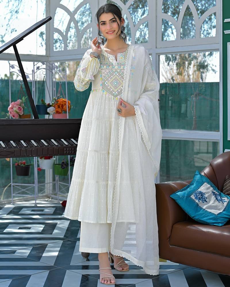 Women ethnic motifs embroidered tiered mirror work kurta with trousers & with dupatta