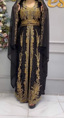 Black Embroidered Stitched Moroccan Kaftan with Heavy Golden Zari Work & Matching Sheer Cape 1