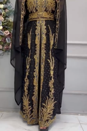 Black Embroidered Stitched Moroccan Kaftan with Heavy Golden Zari Work & Matching Sheer Cape