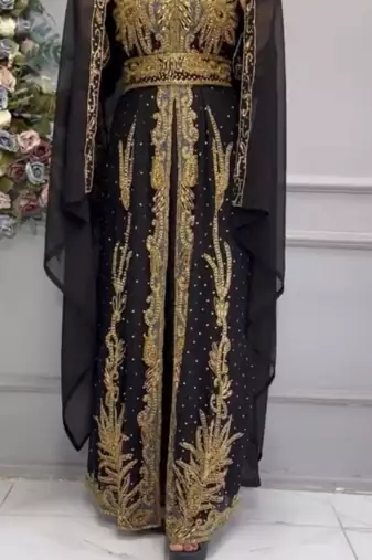 Black Embroidered Stitched Moroccan Kaftan with Heavy Golden Zari Work & Matching Sheer Cape